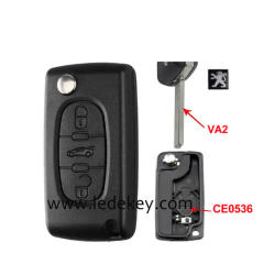 Peugeot 3 buttons flip remote key shell  ( 307/VA2 blade Trunk-CE0536 With battery place )