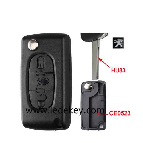 Peugeot 3 buttons flip remote key shell  ( 407/HU83 blade LED-CE0523 No battery place )