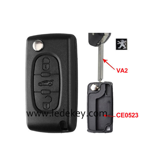 Peugeot 3 buttons flip remote key shell  ( 307/VA2 blade Trunk-CE0523 No battery place )