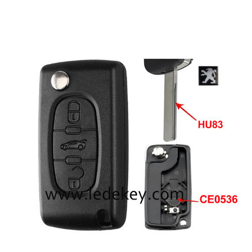 Peugeot 3 buttons flip remote key shell  ( 407/HU83 blade Trunk-CE0536 With battery place )