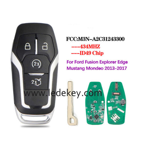 4 button Ford smart key 433MHz ID49 chip (FCC ID : M3N-A2C31243300) For Ford Edge Explorer Fusion Mustang 2013-2017