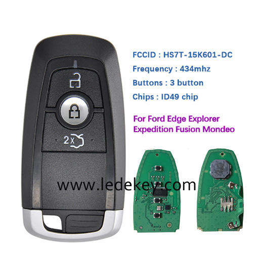 3 button Smart Keyless Promixity remote key with 434Mhz ID49 chip For Ford Edge Explorer Expedition Fusion Mondeo F150 Replacement (on back is Ford Logo)