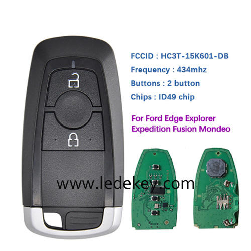 2 button Smart Keyless Promixity remote key with 434Mhz ID49 chip For Ford Edge Explorer Expedition Fusion Mondeo F150 Replacement (on back is Ford Logo)