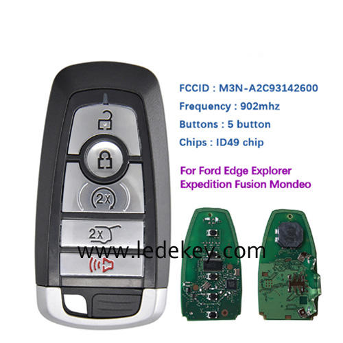 5 button Smart Keyless Promixity remote key with 902Mhz ID49 chip For Ford Edge Explorer Expedition Fusion Mondeo F150 Replacement (on back is Ford Logo)
