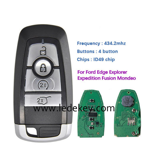 4 button Smart Keyless Promixity remote key with 434Mhz ID49 chip For Ford Edge Explorer Expedition Fusion Mondeo F150 Replacement (on back is Ford Logo)