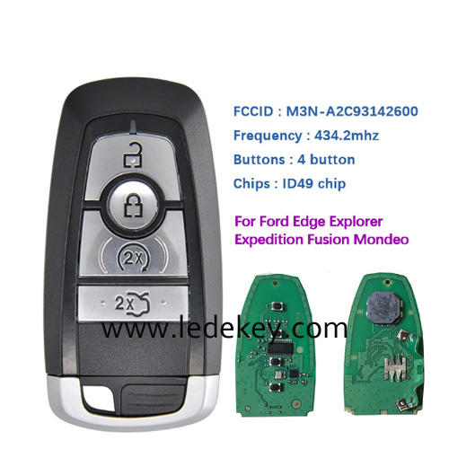 4 button Smart Keyless Promixity remote key with 434Mhz ID49 chip For Ford Edge Explorer Expedition Fusion Mondeo F150 Replacement (on back is Ford Logo)