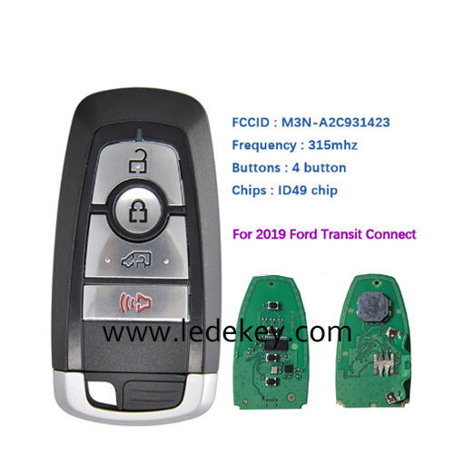 4 button Smart Keyless Promixity remote key with 315Mhz ID49 chip For Ford Edge Explorer Expedition Fusion Mondeo F150 Replacement (on back is Ford Logo)