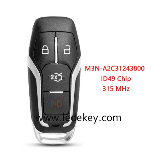 4 button Car Remote Key with 315Mhz ID49 chip For Ford Explorer Fusion Edge Mustang FCCID M3N-A2C31243800 Keyless Go