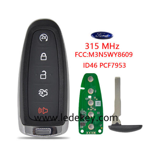 5 button smart key card with 315mhz ID46&PCF7953 chip FCC ID:M3N5WY8609 HU101 blade For Ford Explorer Edge Flex C-max Taurus