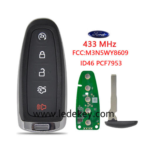 5 button smart key card with 433mhz ID46&PCF7953 chip FCC ID:M3N5WY8609 HU101 blade For Ford Explorer Edge Flex C-max Taurus