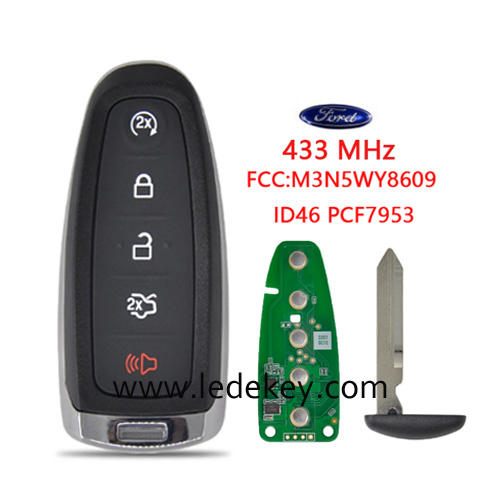 5 button smart key card with 433mhz ID46&PCF7953 chip FCC ID:M3N5WY8609 Fo38 blade For Ford Explorer Edge Flex C-max Taurus