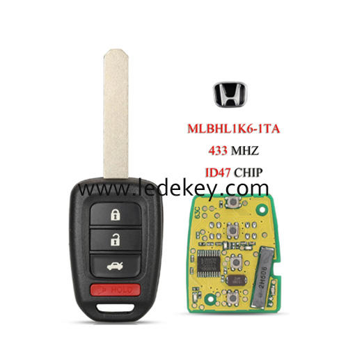 Honda 3+1 button remote key with logo 433Mhz ID47 chip (FCC:MLBHL1K6-1TA) For Honda Accord Civic CRV 2016 - 2019
