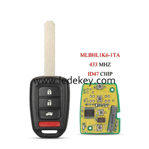 Honda 3+1 button remote key No logo 433Mhz ID47 chip (FCC:MLBHL1K6-1TA) For Honda Accord Civic CRV 2016 - 2019