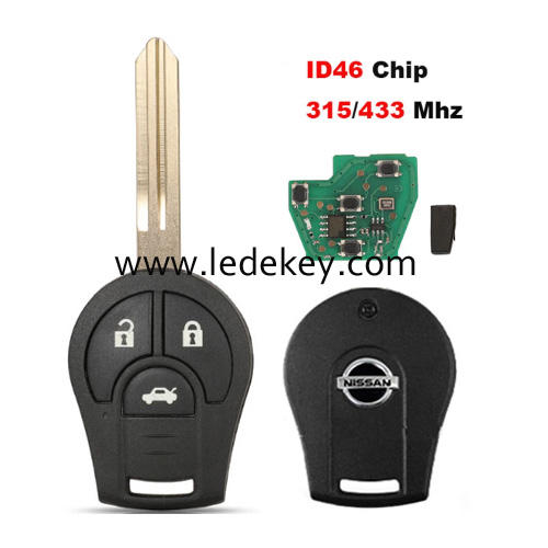 For Nissan 3 button remote key with ID46 chip 315/433mhz（pls choose frequency）