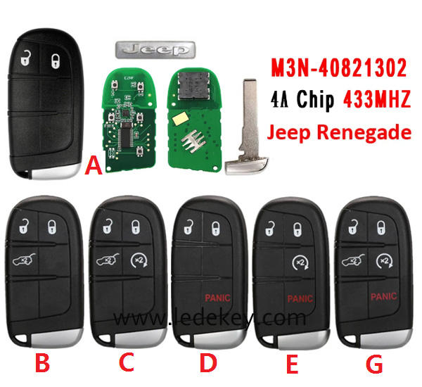 2/3/4/5 Buttons Remote Key Fob FCCID : M3N40821302 433Mhz 4A chip For Jeep Renegade 2015+  (pls choose model )