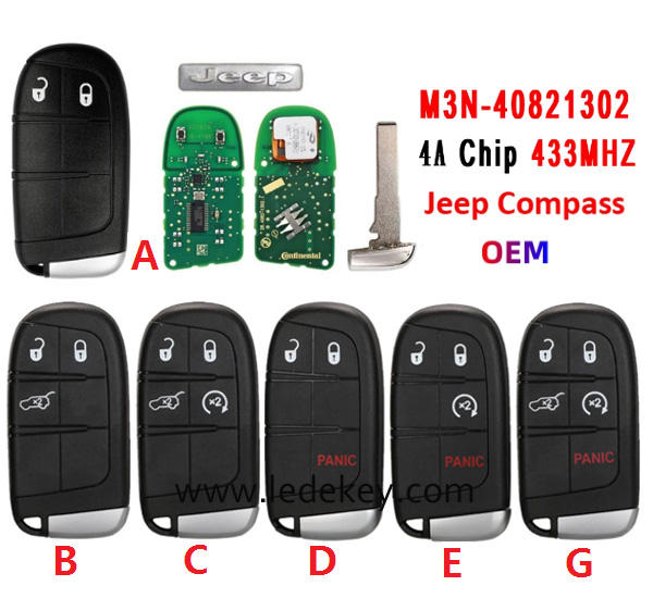 OEM Original 2/3/4/5 Buttons Remote Key Fob FCCID : M3N40821302 433Mhz 4A chip For Jeep Compass 2017+  (pls choose model )