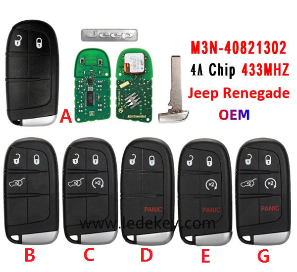 OEM Original 2/3/4/5 Buttons Remote Key Fob FCCID : M3N40821302 433Mhz 4A chip For Jeep Renegade 2015+  (pls choose model )