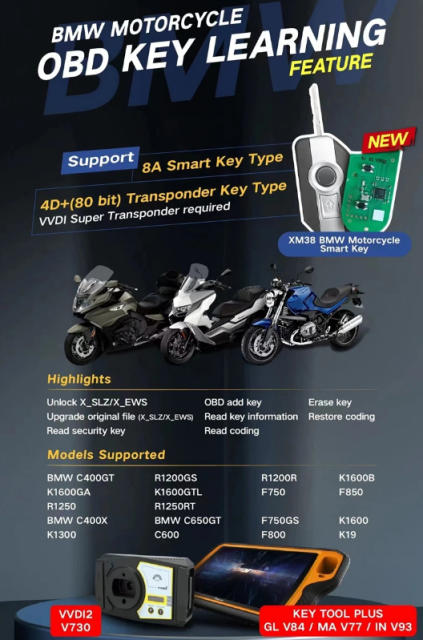 Xhorse VVDI XM38 BMW Smart Key XSBMM0GL Keylessgo Support 8A Chip Smart Key Fob Type 4D 80 bit Key type for BMW Motorcycle