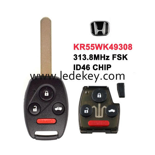 Honda 3+1 button remote key with 313.8Mhz ID46&7936 chip (FCC:KR55WK49308) for 2008-2012 Honda Accord Sedan, Honda Pilot 2009-2015