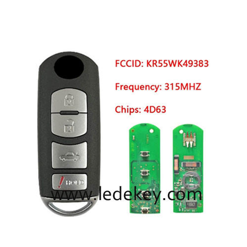 4 Button smart remote key fob with 315MHz 4D63 Chip FCC ID: KR55WK49383 For Mazda 6 2009 2010 2011 2012 2013