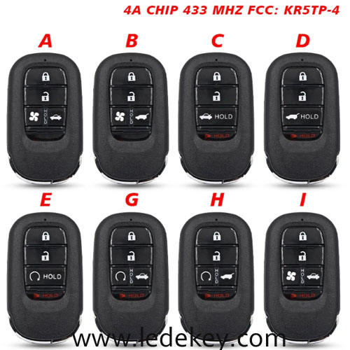 4/5 Buttons Smart Remote Car key 433MHZ 4A Chip FCC ID : KR5TP-4 For Honda CRV Civic Accord XRV CRV HRV FIT ZRV (Please choose model)