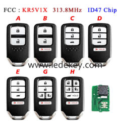2/3/4/5/6 Buttons Honda Smart Remote Key 313.8MHz ID47 Chip (FCC ID : KR5V1X)For Honda Odyssey Crosstour Fit HR-V City Crider Jazz （with logo / no logo