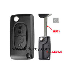 Citroen 2 buttons flip remote key shell  ( 407/HU83 blade -CE0523 No battery place )