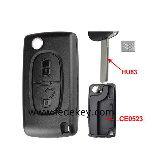 Citroen 2 buttons flip remote key shell  ( 407/HU83 blade -CE0523 No battery place )