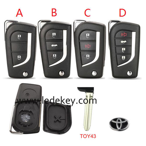 For Toyota flip remote blank key shell with TOY43 blade with logo , pls choose button model