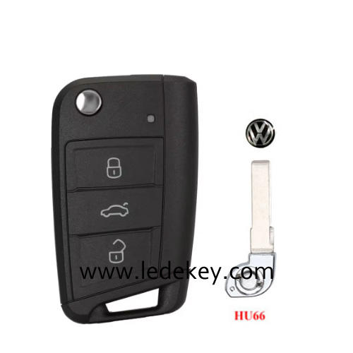 For VW MQB 3 button flip remote key shell with HU66 blade