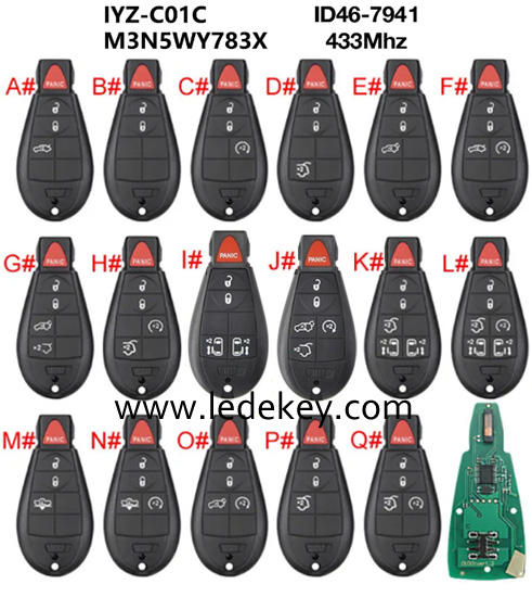 For Jeep Chrysler Dodge Remote Car Key 433mhz with ID46 chip PCF7941 FCCID: M3N5WY783X IYZ-C01C ，Please choose the model