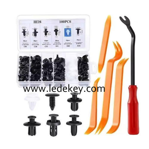 100PCS Clips Auto Fastener Car Fastener Clip Remove Retain Rivets Plastic Fasten Bumper With 5 PCS Door Cars Trim Fitting Disassembly Tool