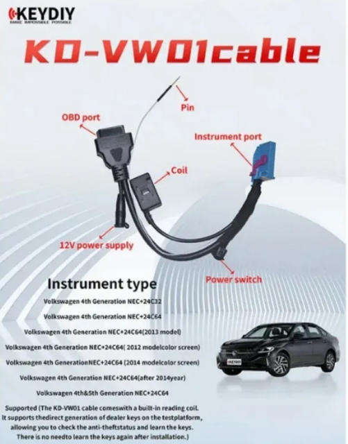 KeyDiy KD-VW01 Cable For IMMO4 NEC24C32 NEC24C64 Cluster ， It supports thedirect generation of dealer keys on the testplatform
