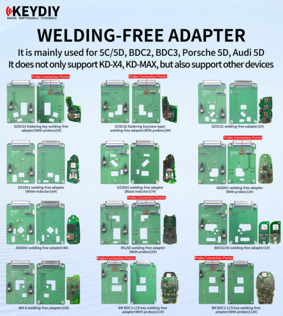 [full set] 12 Pieces Keydiy BMW BDC2 BDC3 BCP VAG MQB49 5C 5D Clamp Adapter Solder Free Circuit Board  work with KD-X4 and KD-MAX,also can work with other devices