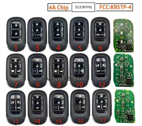 For Honda Civic CR-V Accord HRV FIT XRV ZRV Odyssey Samrt Key With Logo 313.8MHZ 4A Chip FCC ID : KR5TP-4 ,Please choose model