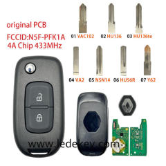 Original OEM PCB For Renault 2 Buttons Flip Remote key with 433Mhz 4A Chip FCCID:N5F-PFK1A (Please choose the key blade model)
