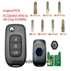 Original OEM PCB For Renault 3 Buttons Flip Remote key with 433Mhz 4A Chip FCCID:N5F-PFK1A (Please choose the key blade model)