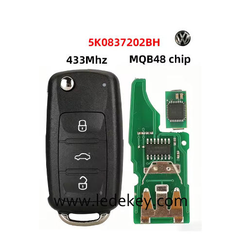 For VW 3 button Car Remote Key with HU66 blade 433Mhz MQB48 Chip FCC: 5K0837202BH For VW Golf Jetta Passat Touareg Amarok Beetle Caddy Tiguan Caravelle Eos CC