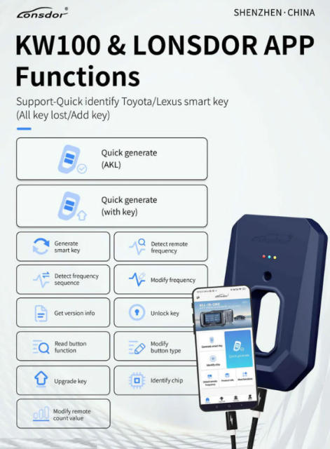 Lonsdor KW100 for Toyota/Lexus Smart Key Generation Support-Quick identify When All Keys Lost & Adding Keys