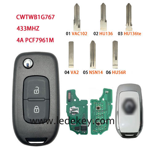 For Re-nault 2 Buttons Flip Remote key with 433Mhz 4A Chip FCCID:CWTWB1G767 (Please choose the key blade model)