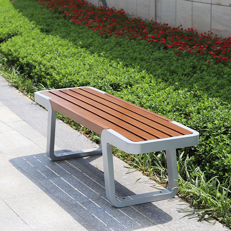 Outdoor Wood and Metal Backless Bench,Garden Benches with Steel Frame