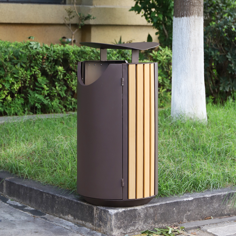 Round Metal And Wood Trash Cans