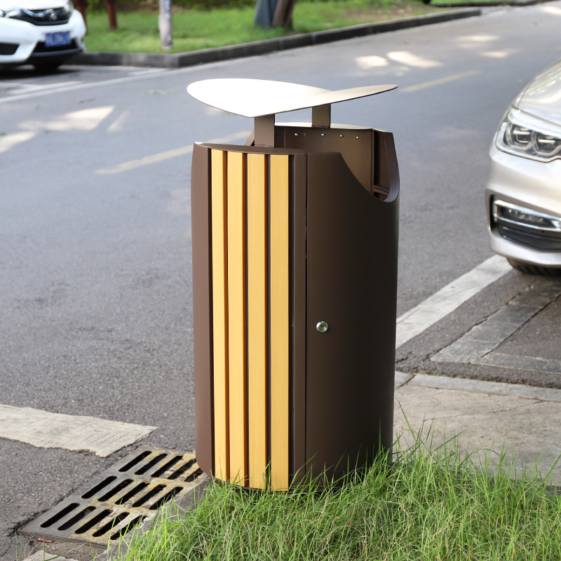 Round Metal And Wood Trash Cans