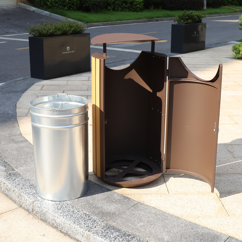 Round Metal And Wood Trash Cans