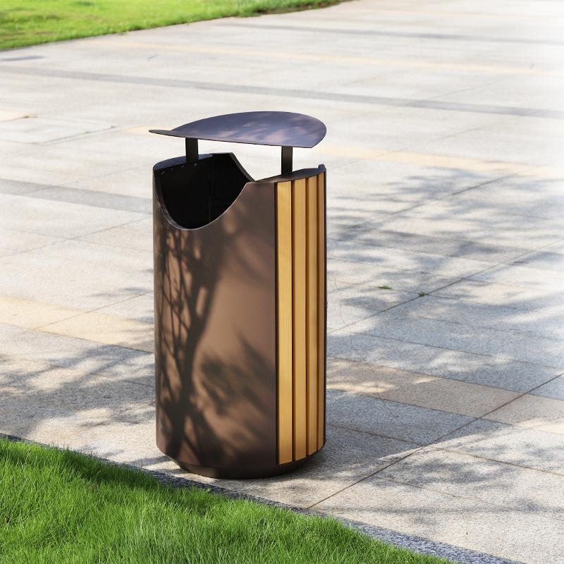 Round Metal And Wood Trash Cans