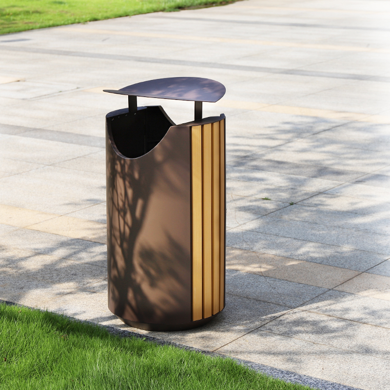 Round Metal And Wood Trash Cans