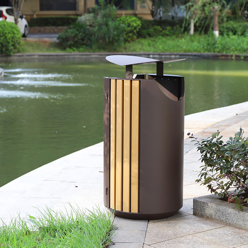 Round Metal And Wood Trash Cans