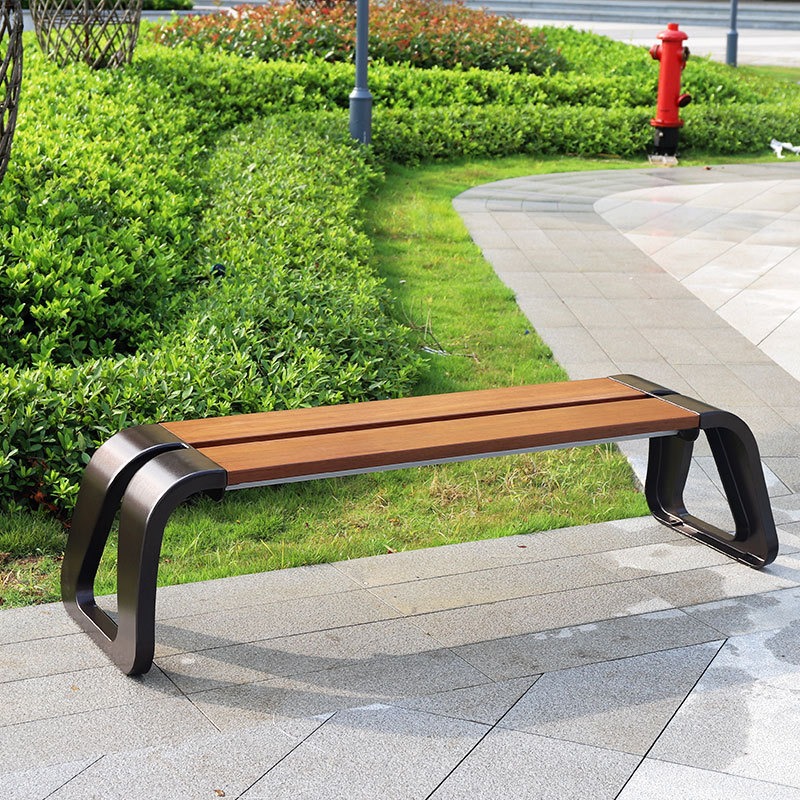 Cast Aluminum Legs Patio Bench Backless Wooden Park Chair Outdoor Seating