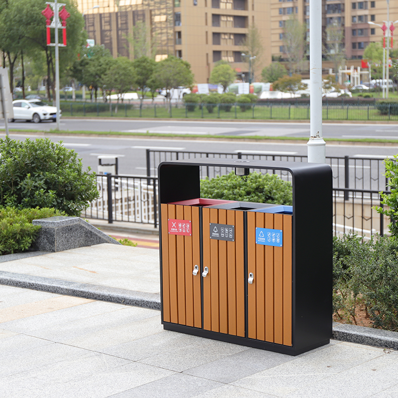 Wooden And Metal Recycling Trash Bin