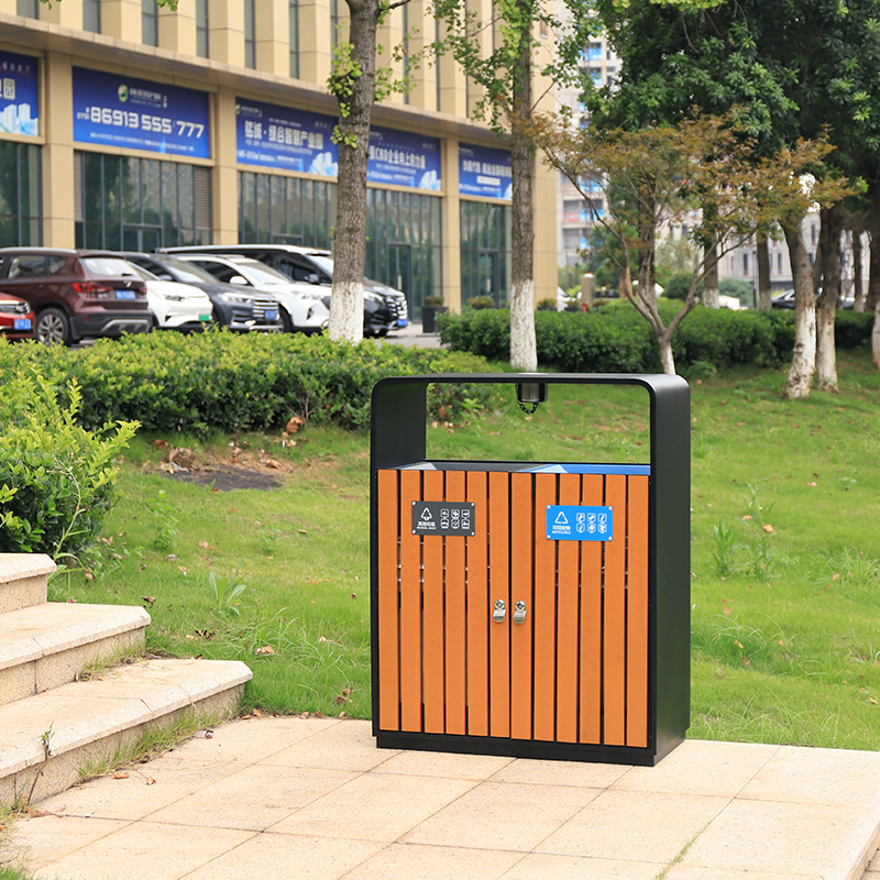 Wooden And Metal Double Trash Bin